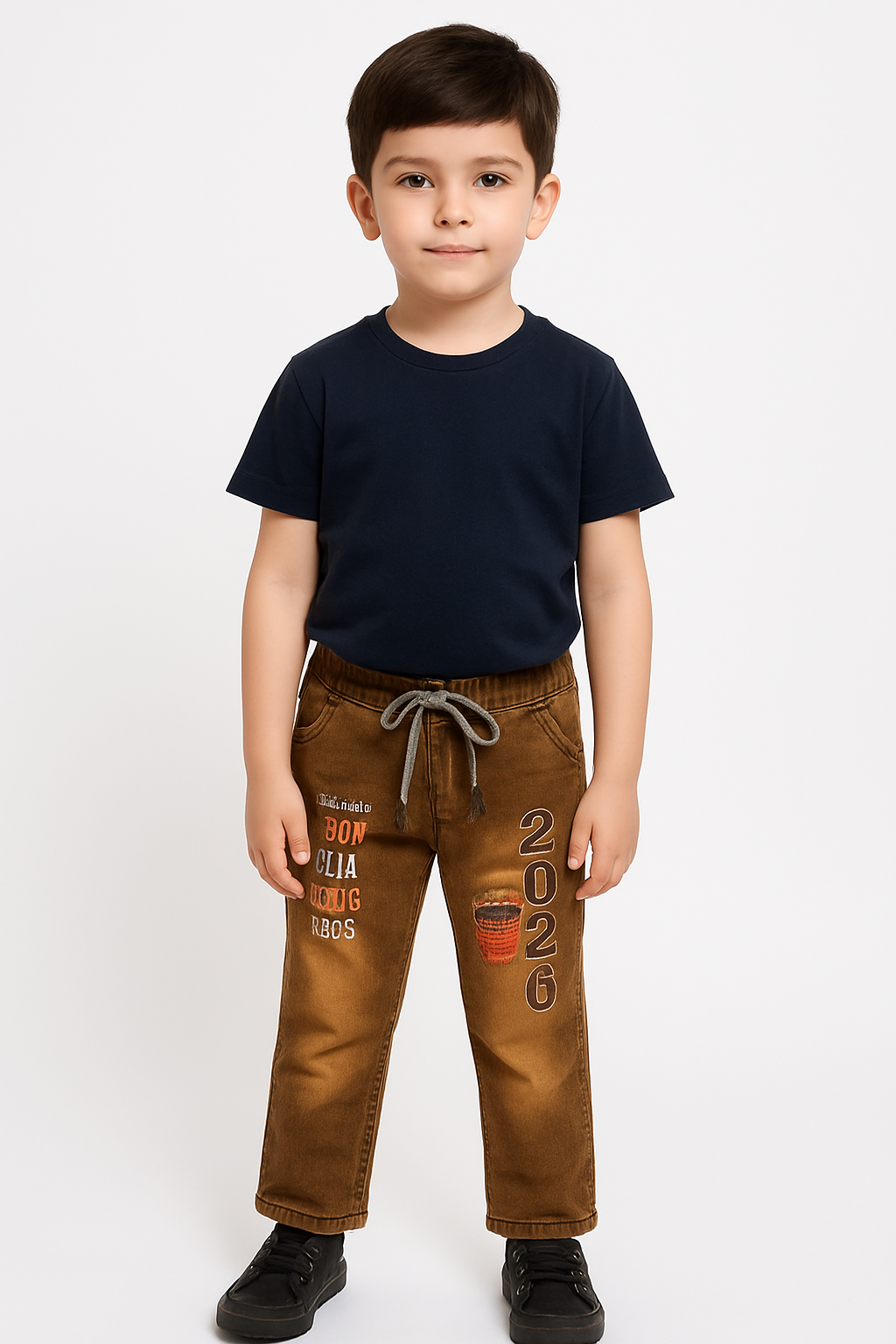Boys Brown Printed Drawstring Jeans